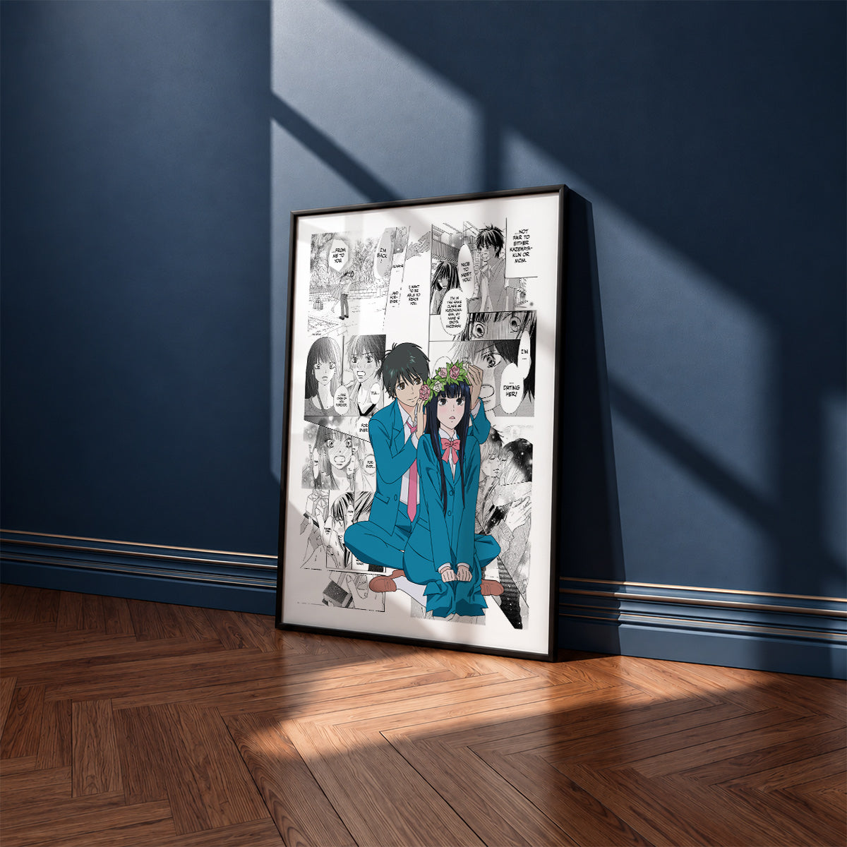Sawako Kuronuma and Shota Kazehaya manga poster inspired by Kimi ni Todoke: From Me to You in a black frame against a navy blue wall