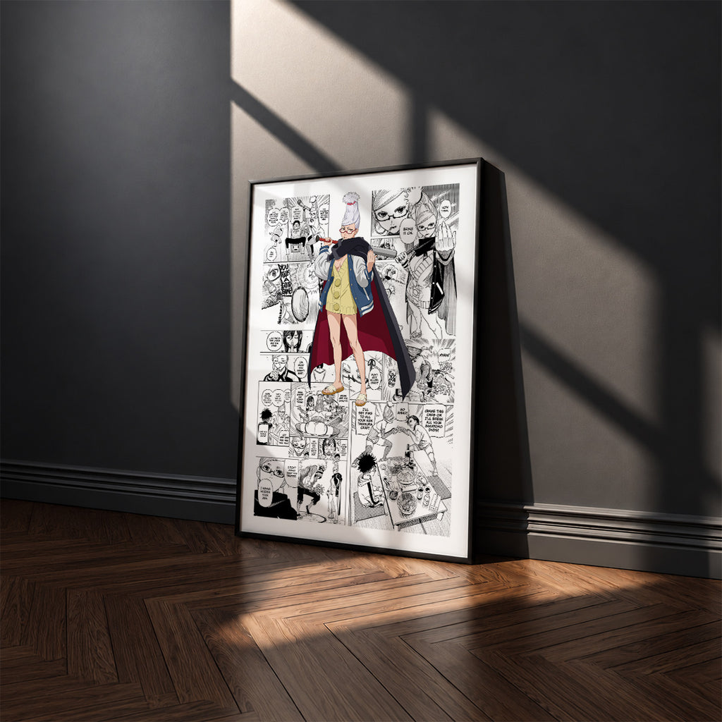 Seiko Ayase manga poster inspired by Dandadan in a black frame against a charcoal gray wall