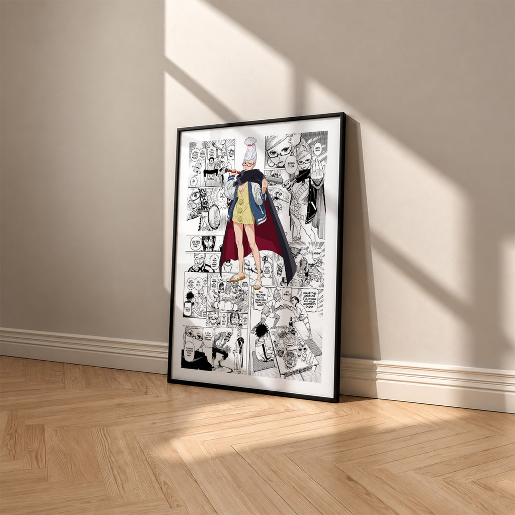 Seiko Ayase manga poster inspired by Dandadan in a black frame against a warm beige wall