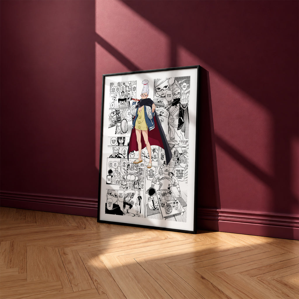 Seiko Ayase manga poster inspired by Dandadan in a black frame against a burgundy wall