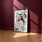 Seiko Ayase manga poster inspired by Dandadan in a black frame against a burgundy wall