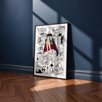 Seiko Ayase manga poster inspired by Dandadan in a black frame against a navy blue wall