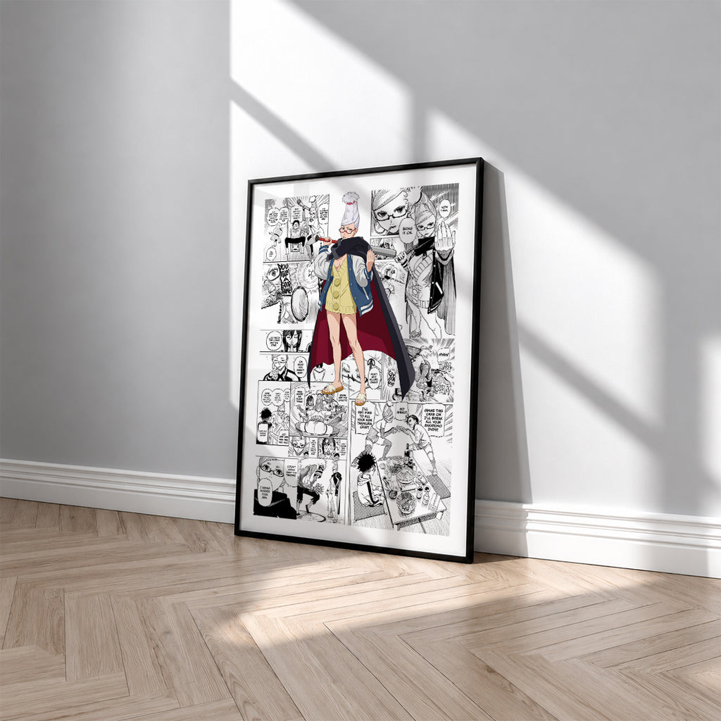 Seiko Ayase manga poster inspired by Dandadan in a black frame against a light gray wall