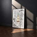 Senku Ishigami manga poster inspired by Dr. Stone in a black frame against a charcoal gray wall