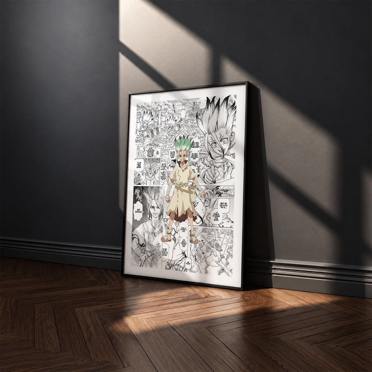 Senku Ishigami manga poster inspired by Dr. Stone in a black frame against a charcoal gray wall