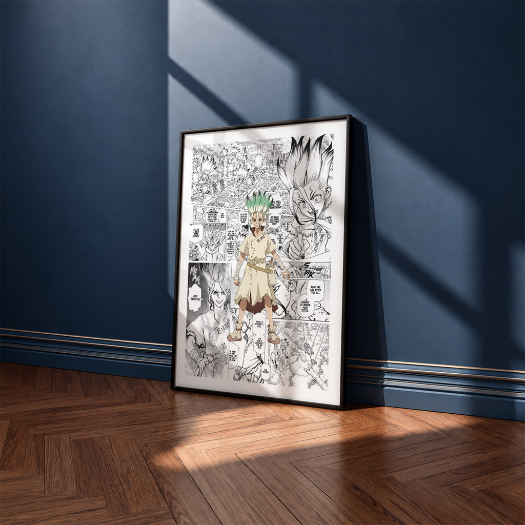Senku Ishigami manga poster inspired by Dr. Stone in a black frame against a navy blue wall
