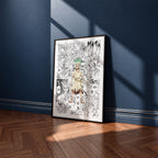 Senku Ishigami manga poster inspired by Dr. Stone in a black frame against a navy blue wall