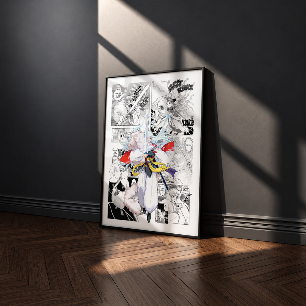 Sesshomaru manga poster inspired by Inuyasha in a black frame against a charcoal gray wall