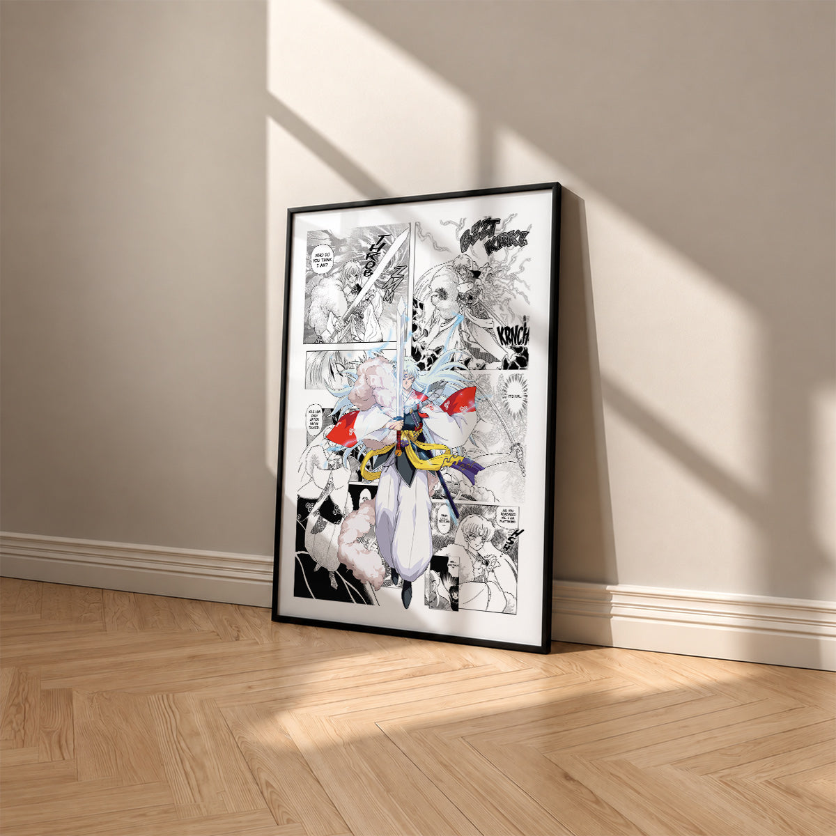 Sesshomaru manga poster inspired by Inuyasha in a black frame against a warm beige wall