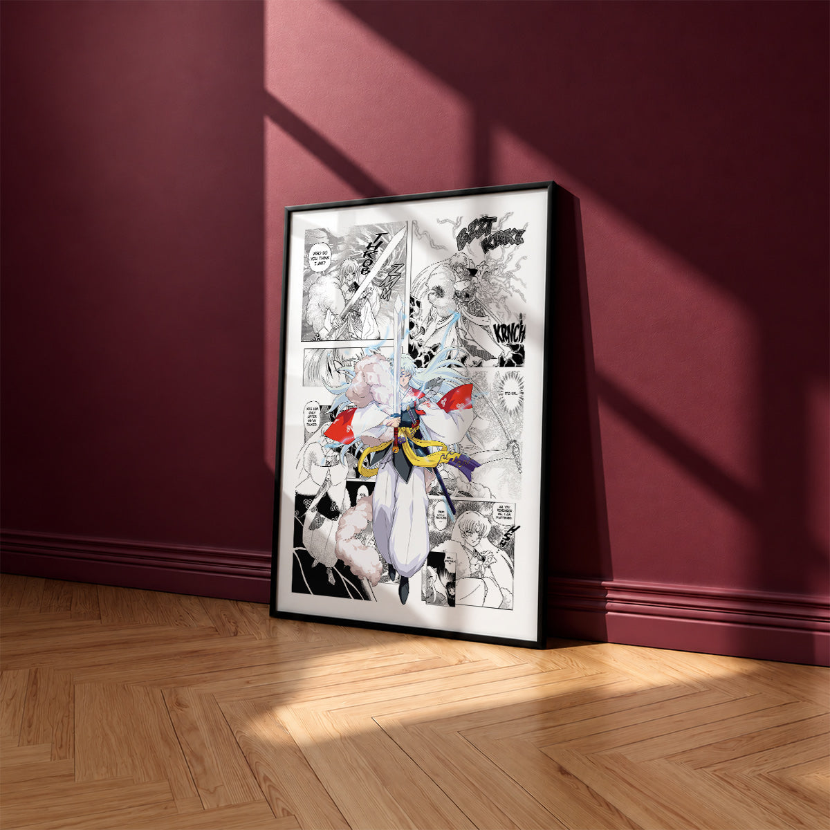 Sesshomaru manga poster inspired by Inuyasha in a black frame against a burgundy wall