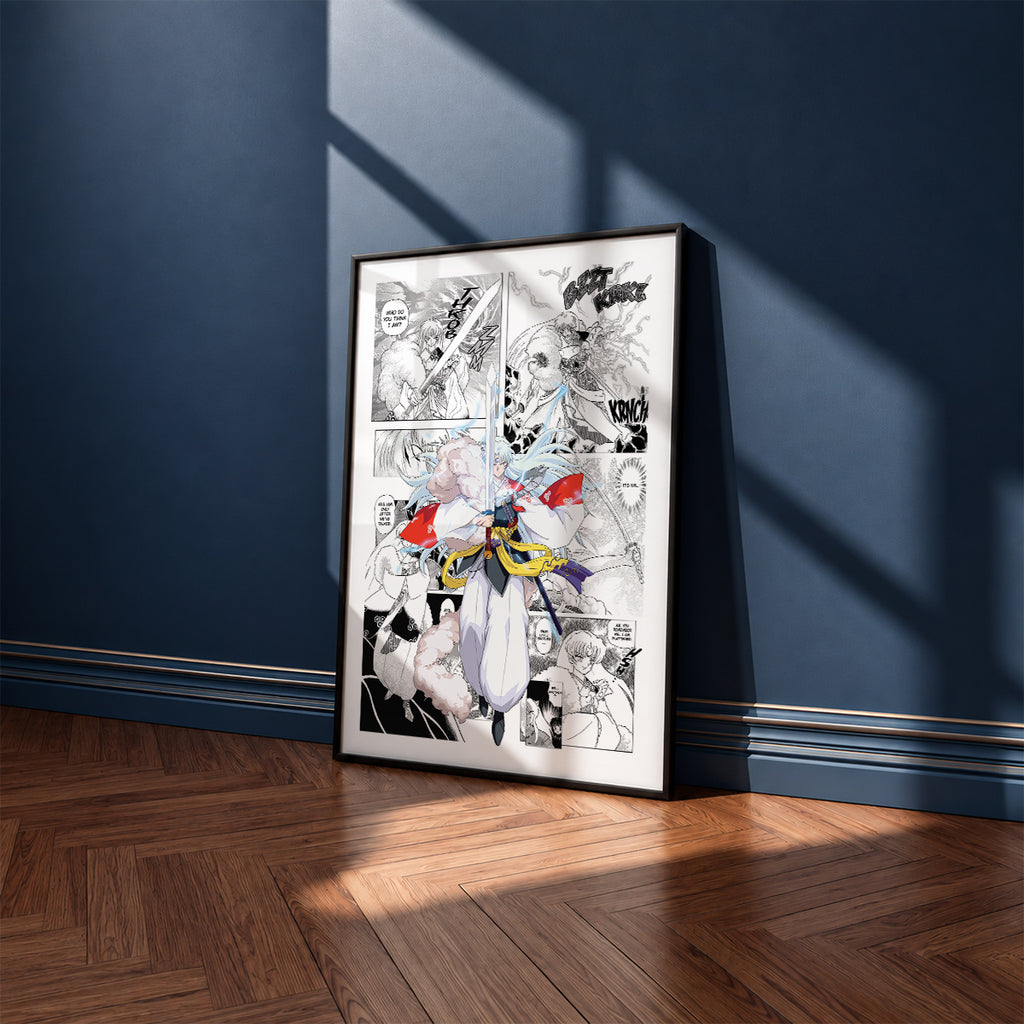 Sesshomaru manga poster inspired by Inuyasha in a black frame against a navy blue wall