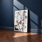 Sesshomaru manga poster inspired by Inuyasha in a black frame against a navy blue wall