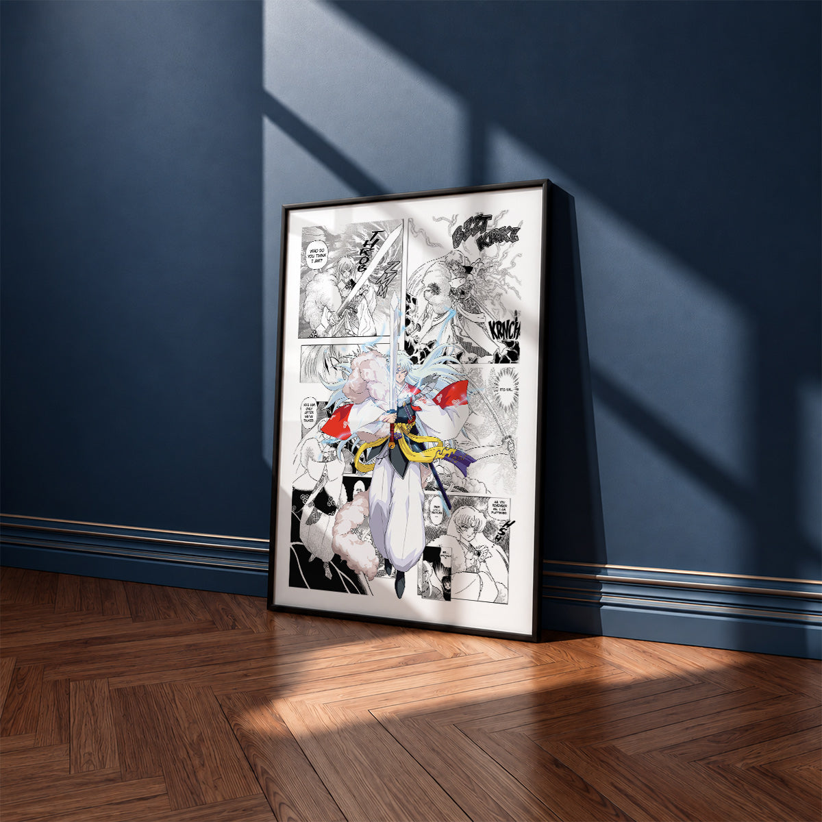 Sesshomaru manga poster inspired by Inuyasha in a black frame against a navy blue wall