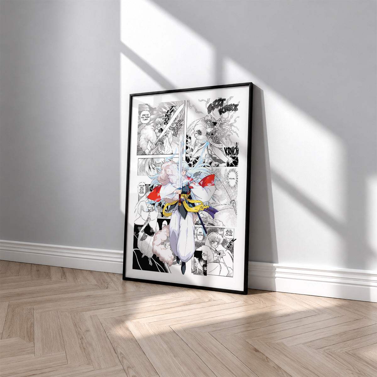 Sesshomaru manga poster inspired by Inuyasha in a black frame against a light gray wall