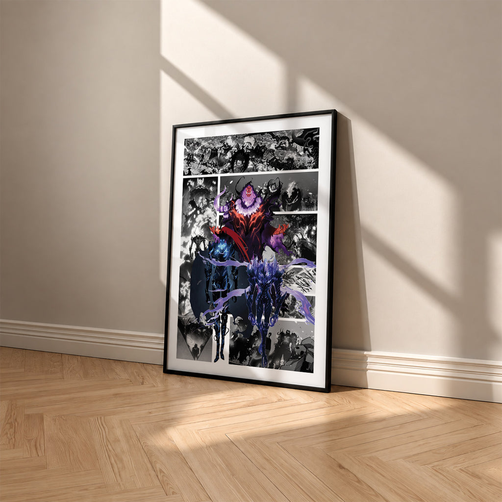 Shadow Army manga poster inspired by Solo Leveling in a black frame against a warm beige wall