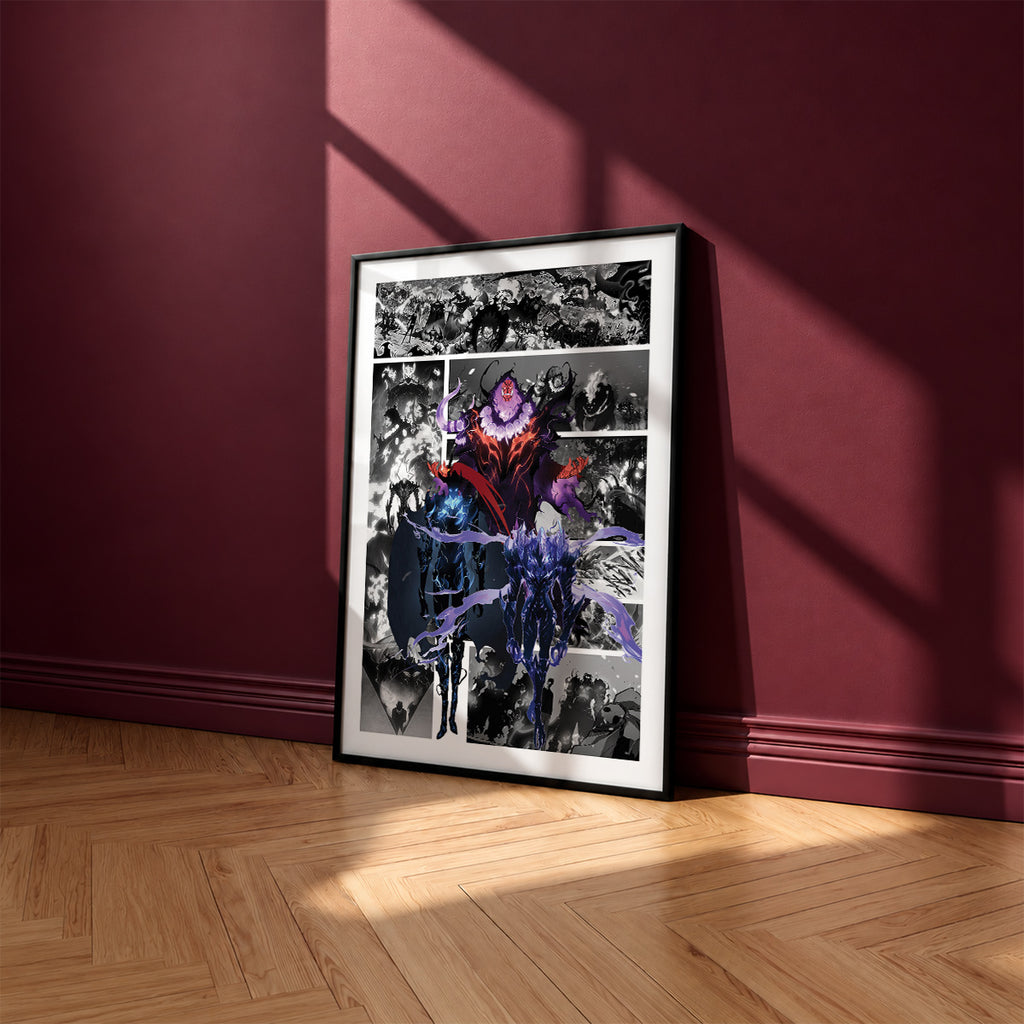 Shadow Army manga poster inspired by Solo Leveling in a black frame against a burgundy wall