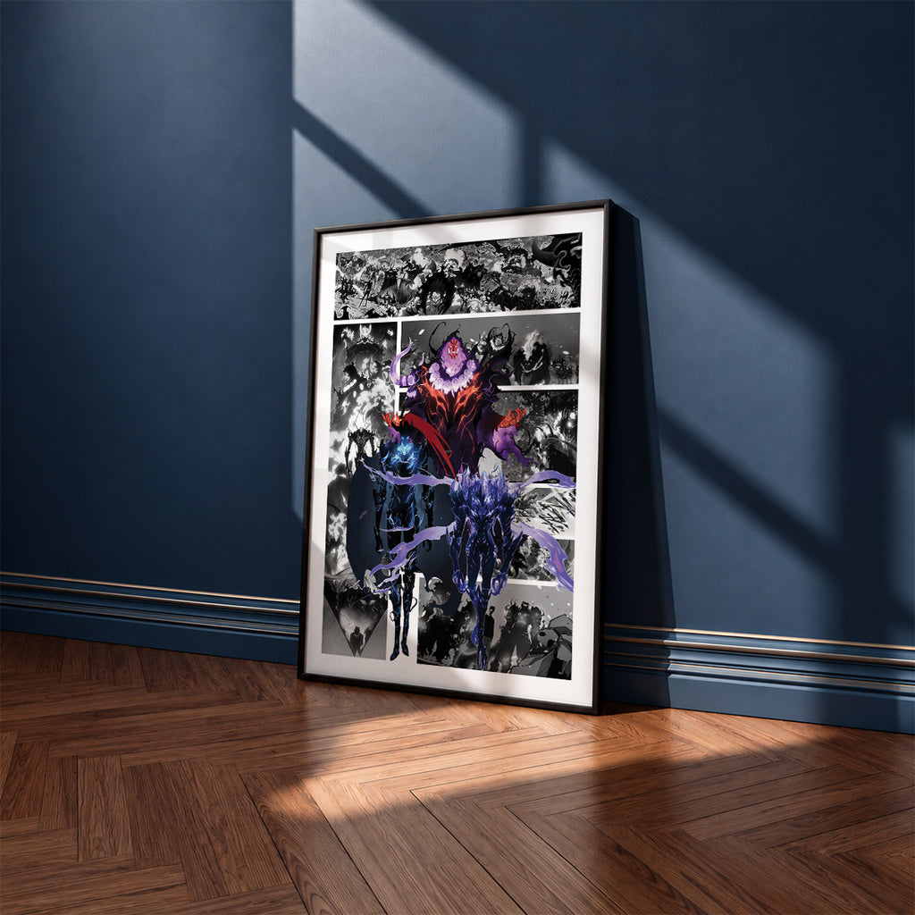 Shadow Army manga poster inspired by Solo Leveling in a black frame against a navy blue wall