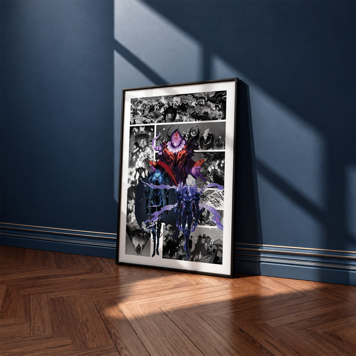 Shadow Army manga poster inspired by Solo Leveling in a black frame against a navy blue wall