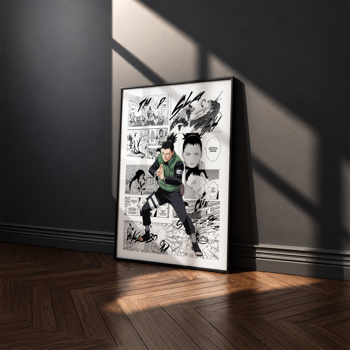 Shikamaru Nara manga poster inspired by Naruto in a black frame against a charcoal gray wall