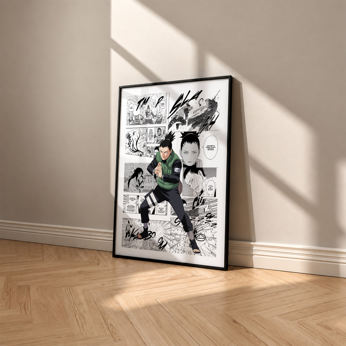 Shikamaru Nara manga poster inspired by Naruto in a black frame against a warm beige wall