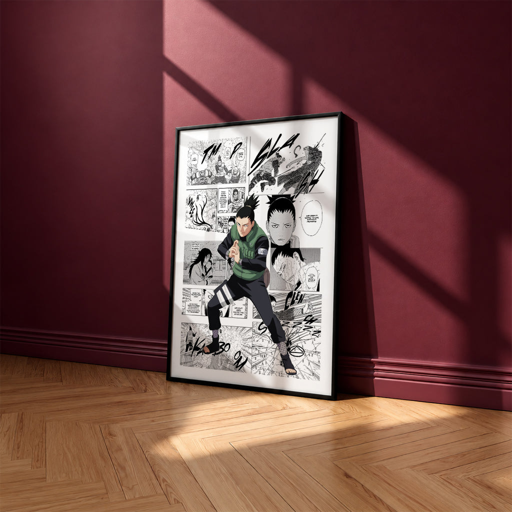Shikamaru Nara manga poster inspired by Naruto in a black frame against a burgundy wall