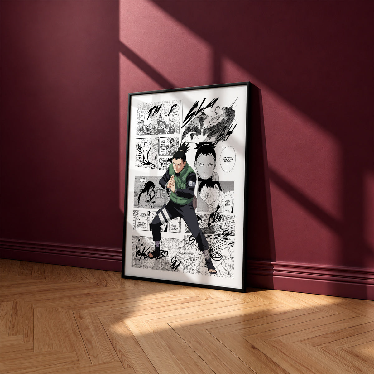 Shikamaru Nara manga poster inspired by Naruto in a black frame against a burgundy wall