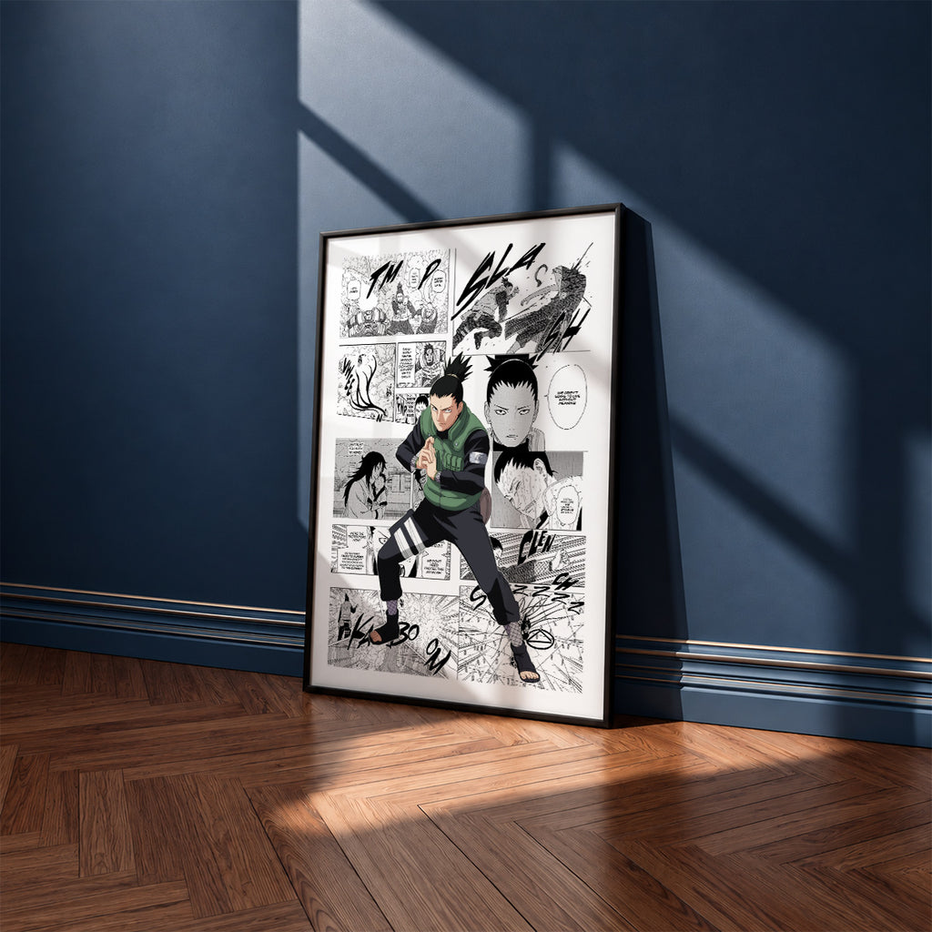Shikamaru Nara manga poster inspired by Naruto in a black frame against a navy blue wall
