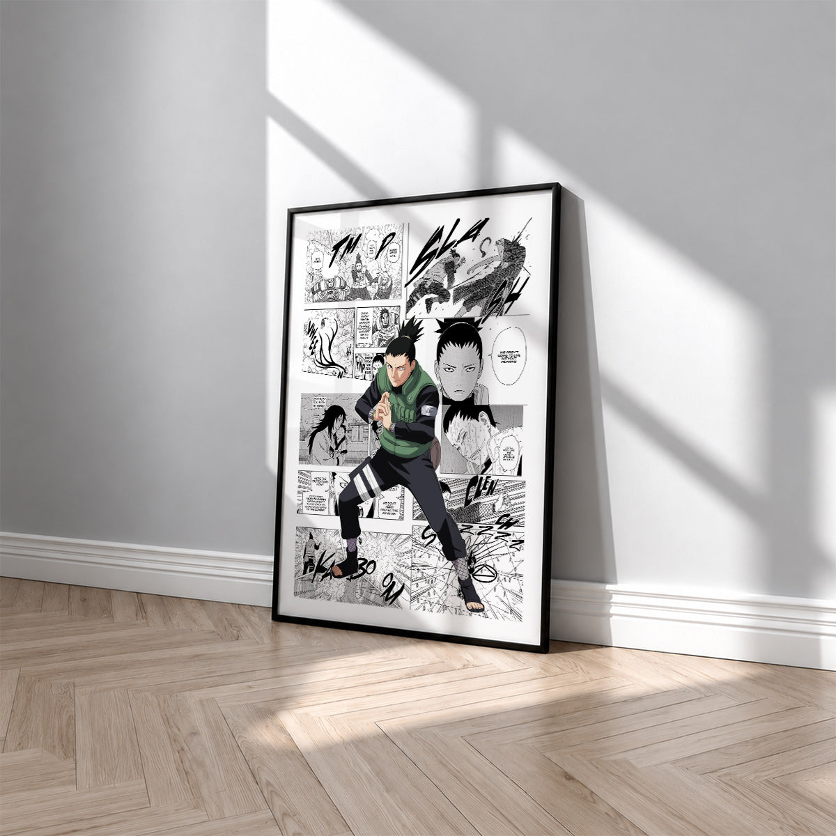 Shikamaru Nara manga poster inspired by Naruto in a black frame against a light gray wall