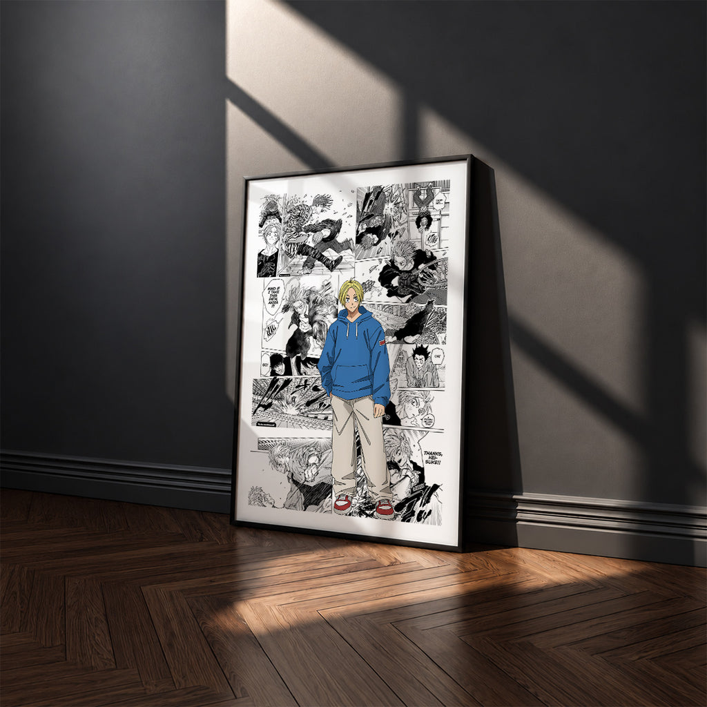 Shin Asakura manga poster inspired by Sakamoto Days in a black frame against a charcoal gray wall