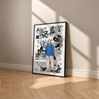 Shin Asakura manga poster inspired by Sakamoto Days in a black frame against a warm beige wall