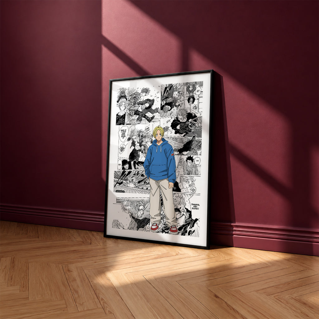 Shin Asakura manga poster inspired by Sakamoto Days in a black frame against a burgundy wall