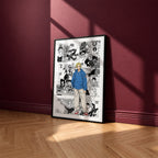 Shin Asakura manga poster inspired by Sakamoto Days in a black frame against a burgundy wall