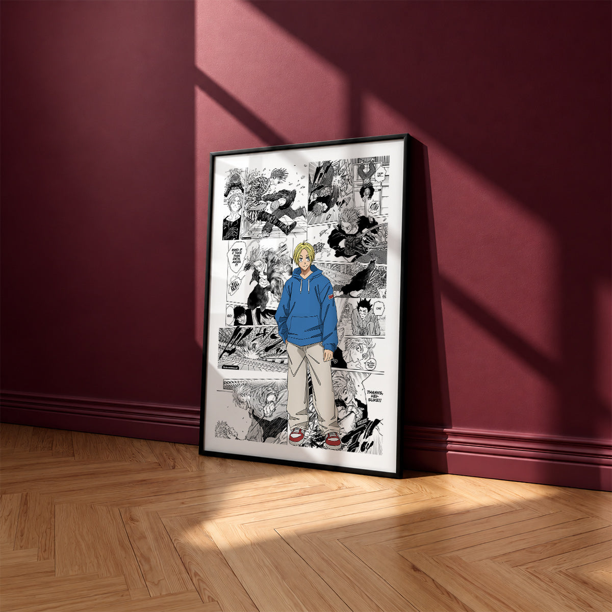 Shin Asakura manga poster inspired by Sakamoto Days in a black frame against a burgundy wall