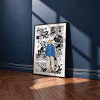 Shin Asakura manga poster inspired by Sakamoto Days in a black frame against a navy blue wall