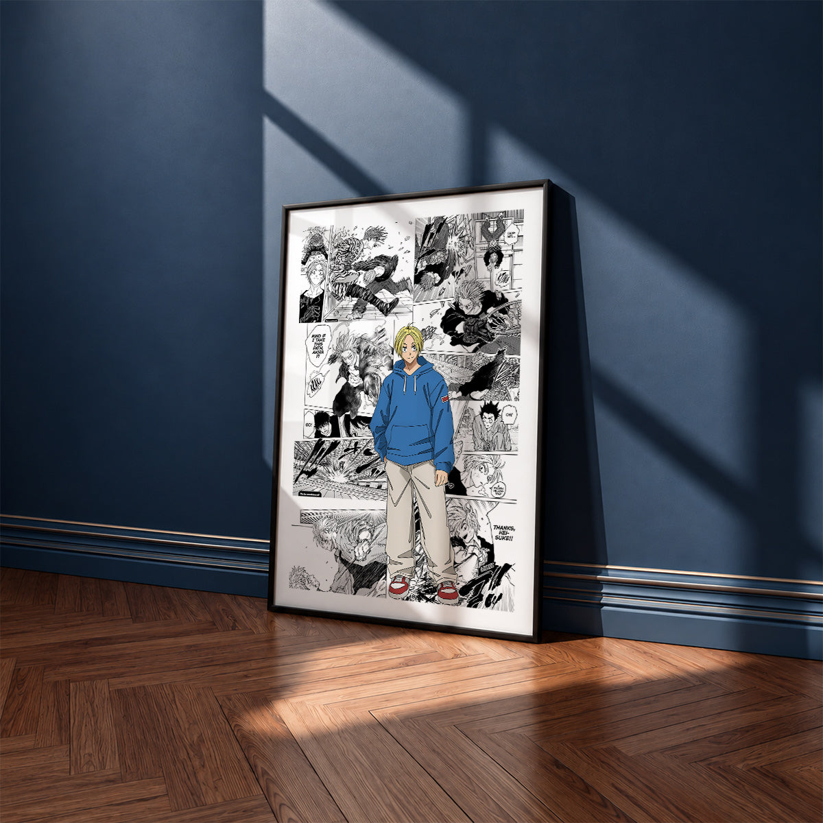 Shin Asakura manga poster inspired by Sakamoto Days in a black frame against a navy blue wall