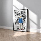 Shin Asakura manga poster inspired by Sakamoto Days in a black frame against a light gray wall
