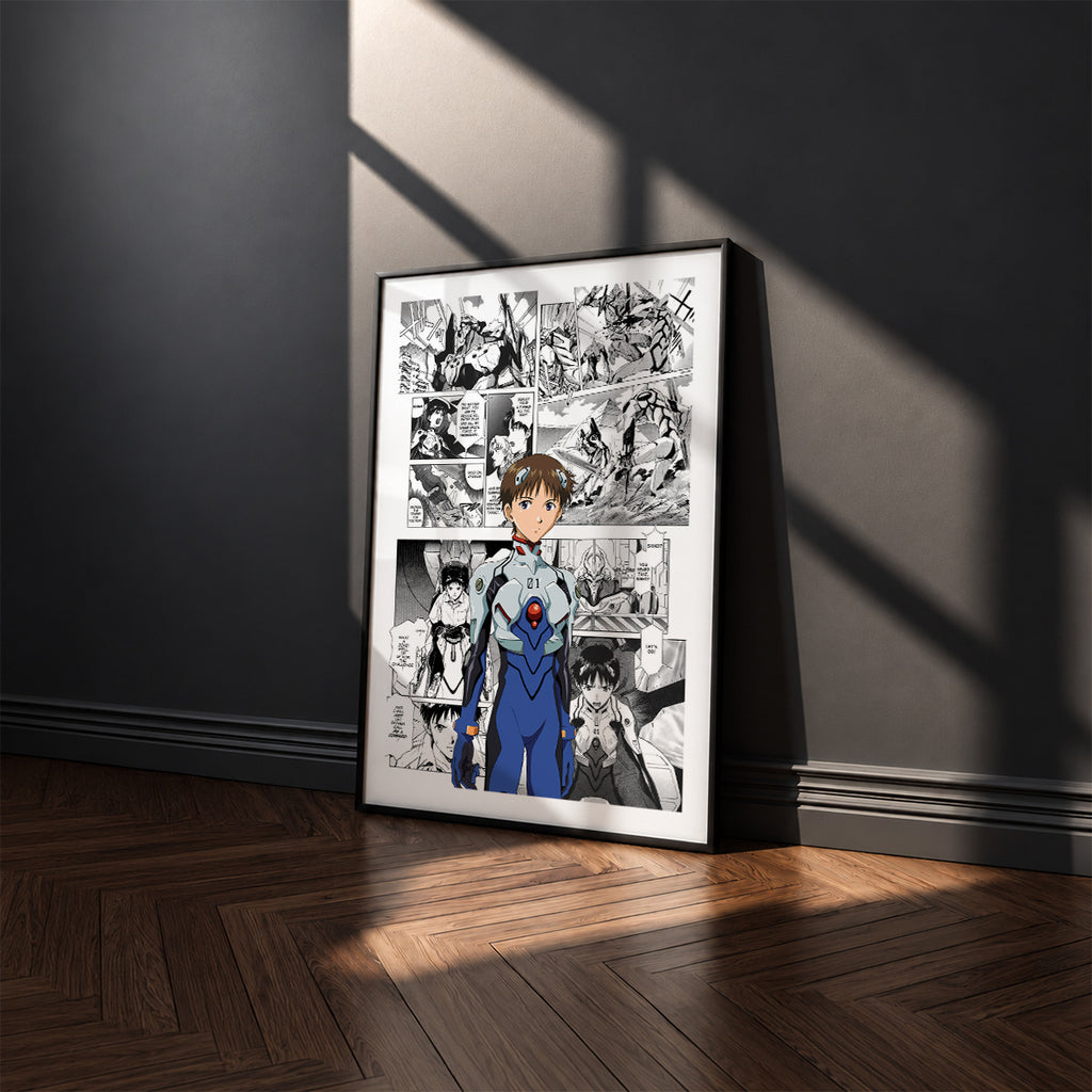 Shinji Ikari manga poster inspired by Neon Genesis Evangelion in a black frame against a charcoal gray wall