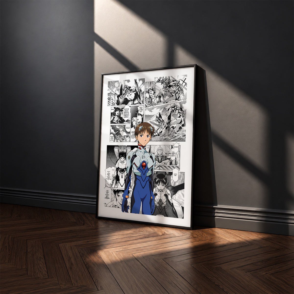 Shinji Ikari manga poster inspired by Neon Genesis Evangelion in a black frame against a charcoal gray wall