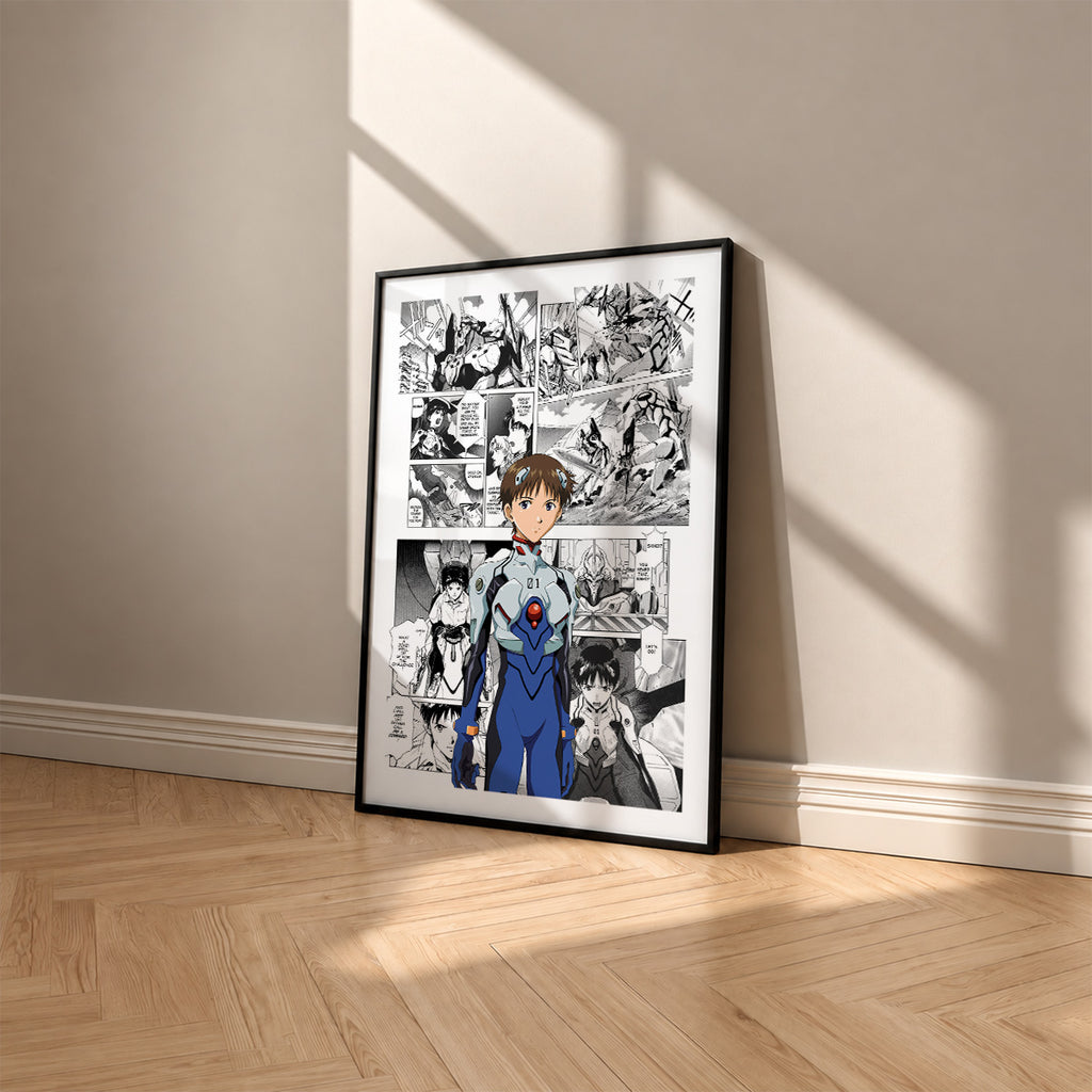 Shinji Ikari manga poster inspired by Neon Genesis Evangelion in a black frame against a warm beige wall