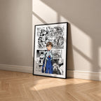 Shinji Ikari manga poster inspired by Neon Genesis Evangelion in a black frame against a warm beige wall