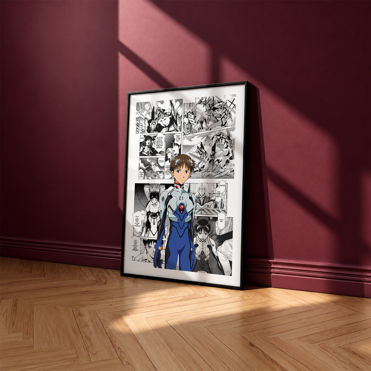 Shinji Ikari manga poster inspired by Neon Genesis Evangelion in a black frame against a burgundy wall