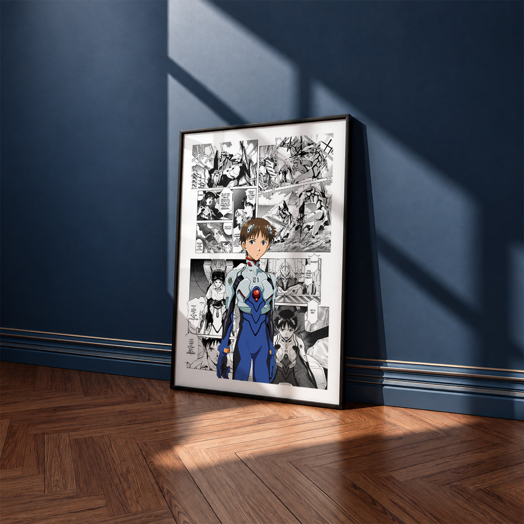 Shinji Ikari manga poster inspired by Neon Genesis Evangelion in a black frame against a navy blue wall