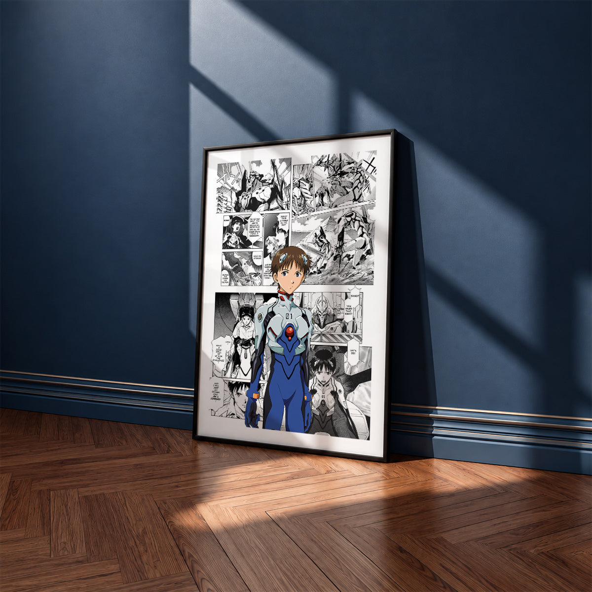 Shinji Ikari manga poster inspired by Neon Genesis Evangelion in a black frame against a navy blue wall