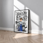Shinji Ikari manga poster inspired by Neon Genesis Evangelion in a black frame against a light gray wall