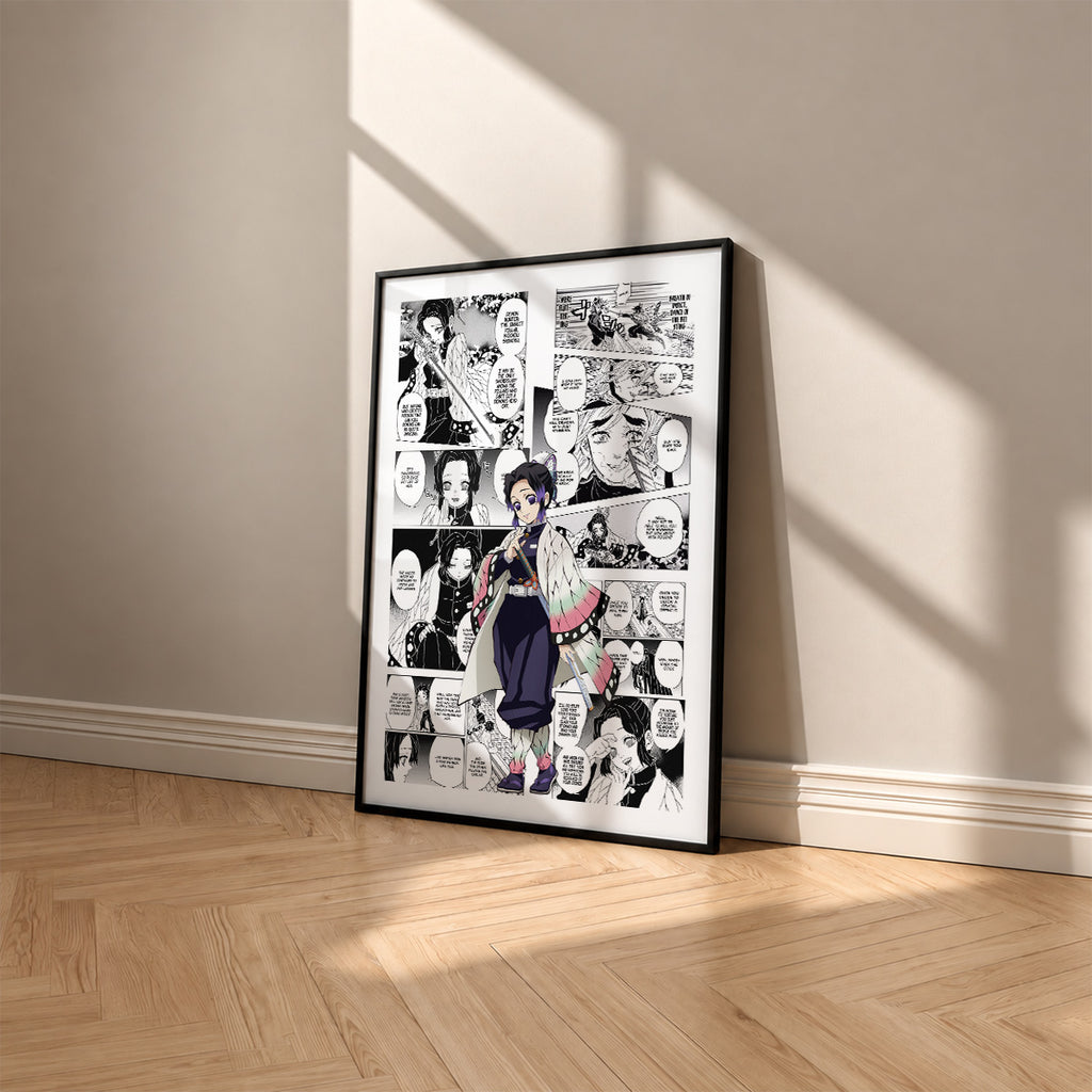 Shinobu Kocho manga poster inspired by Demon Slayer in a black frame against a warm beige wall