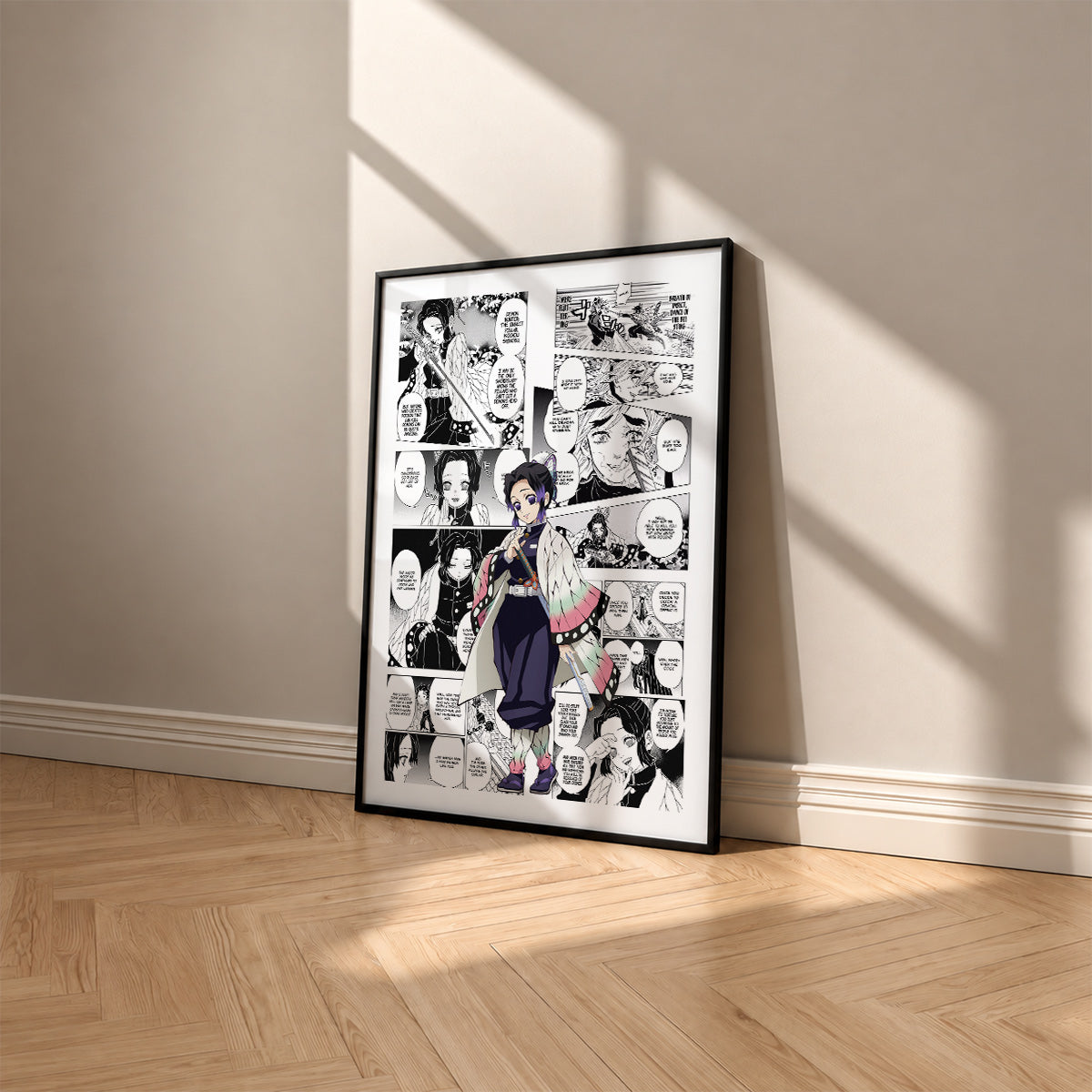Shinobu Kocho manga poster inspired by Demon Slayer in a black frame against a warm beige wall