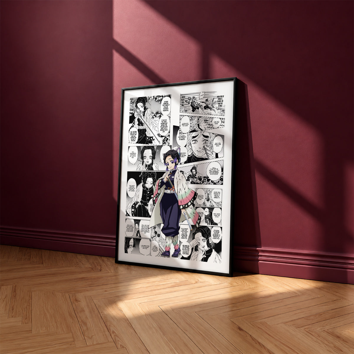 Shinobu Kocho manga poster inspired by Demon Slayer in a black frame against a burgundy wall