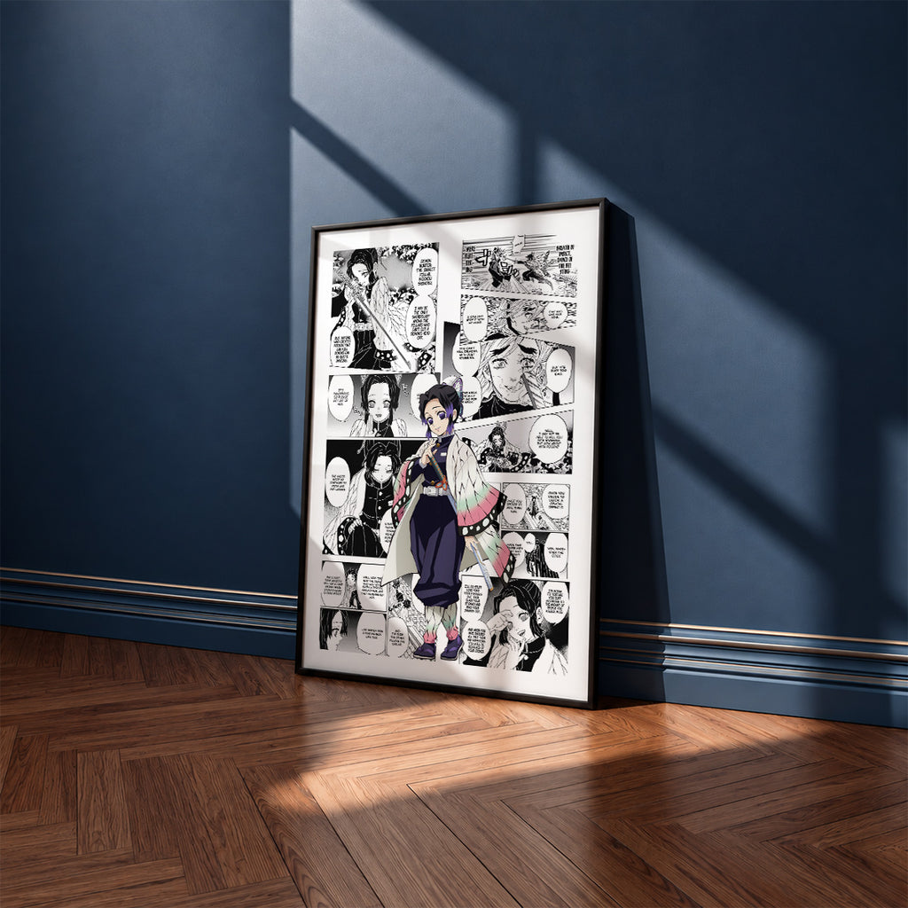 Shinobu Kocho manga poster inspired by Demon Slayer in a black frame against a navy blue wall