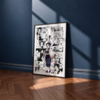 Shinobu Kocho manga poster inspired by Demon Slayer in a black frame against a navy blue wall