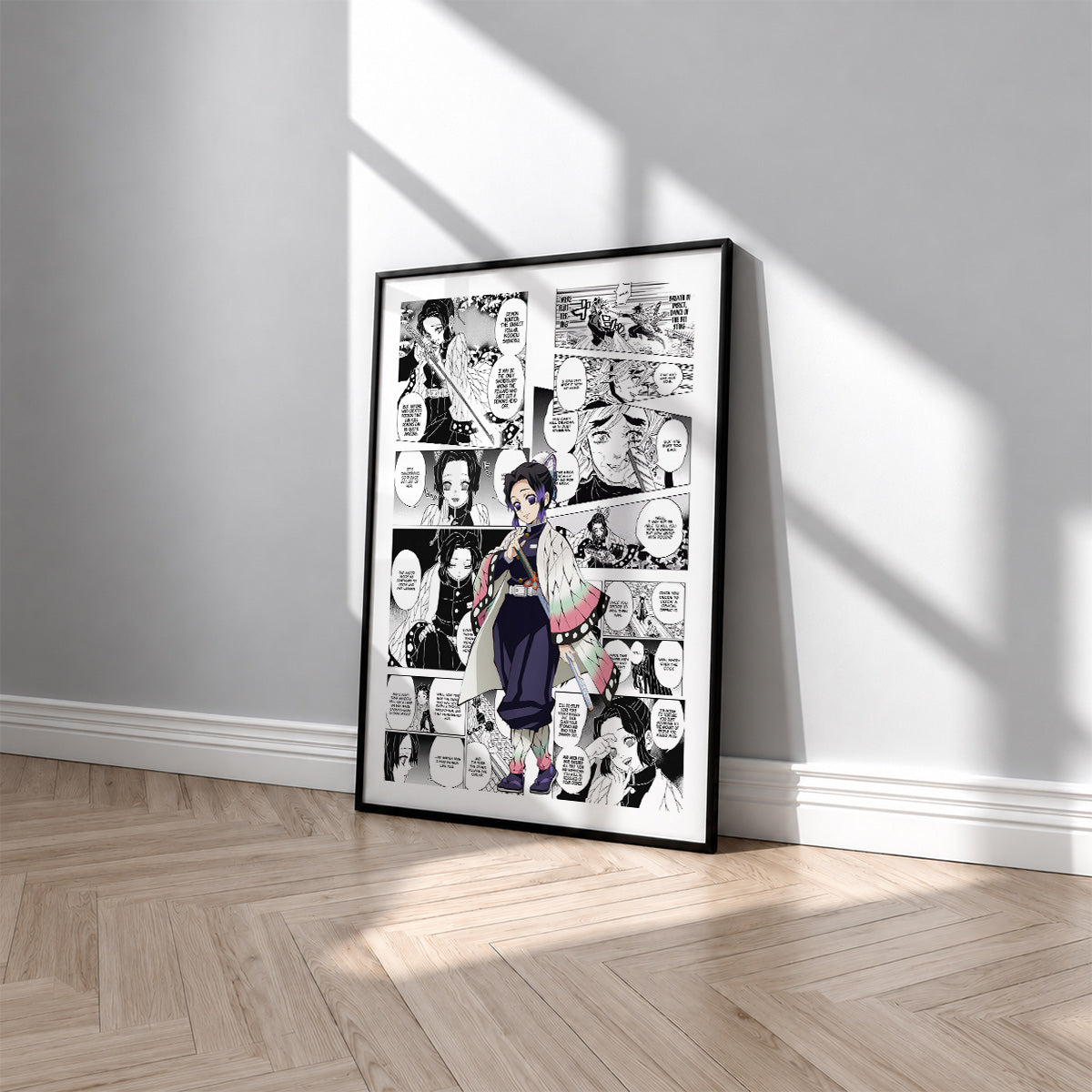 Shinobu Kocho manga poster inspired by Demon Slayer in a black frame against a light gray wall